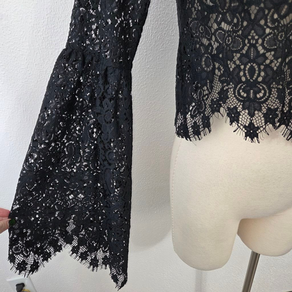 For Love & Lemons Vika black lace top bell sleeve sheer scalloped women's small - Picture 5 of 7